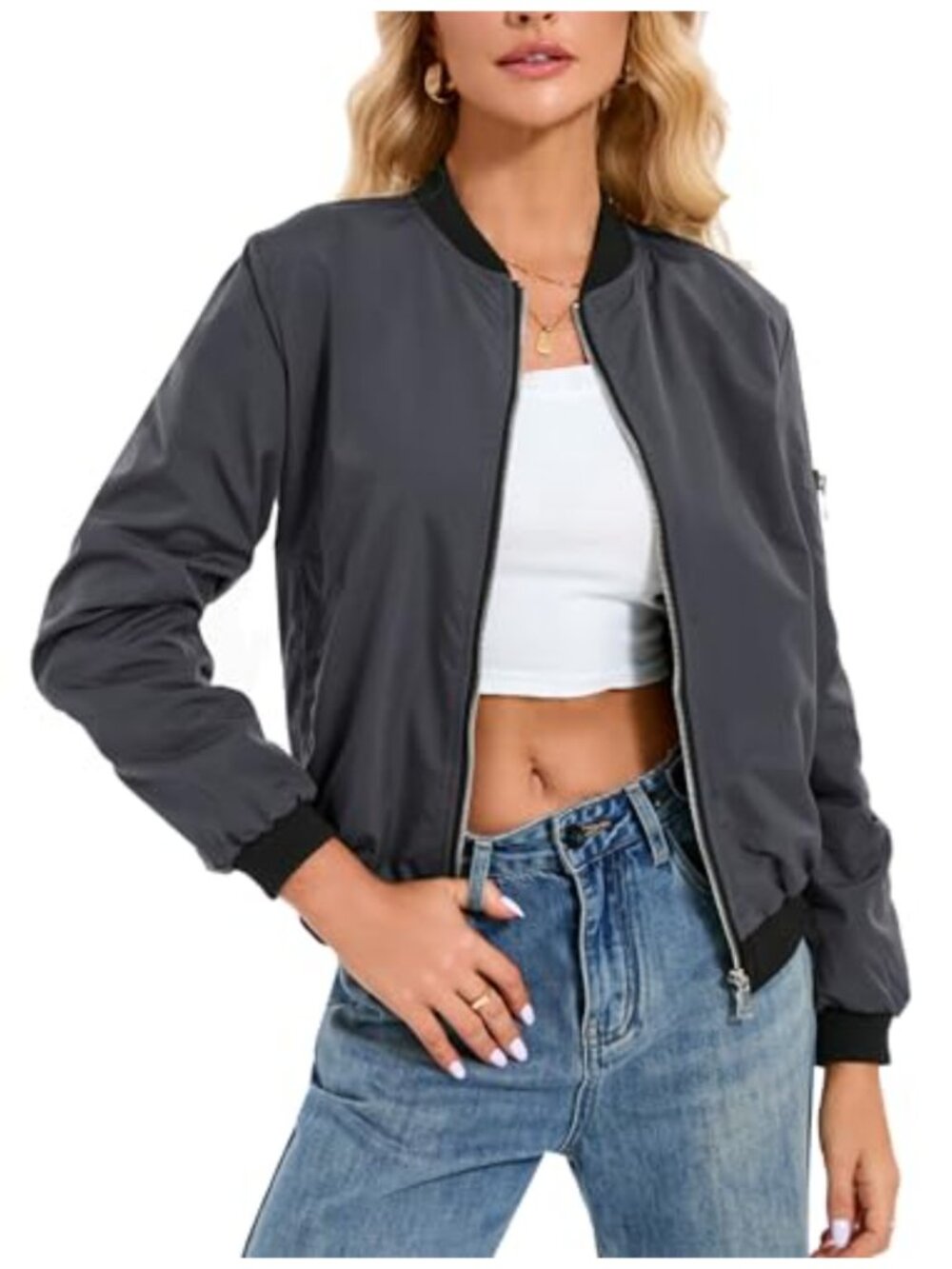 Womens Lightweight Zip Up Bomber Jacket with Pockets Casual Fall Outerwear